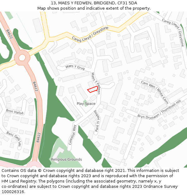 13, MAES Y FEDWEN, BRIDGEND, CF31 5DA: Location map and indicative extent of plot