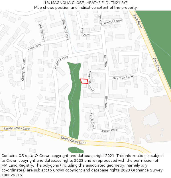 13, MAGNOLIA CLOSE, HEATHFIELD, TN21 8YF: Location map and indicative extent of plot