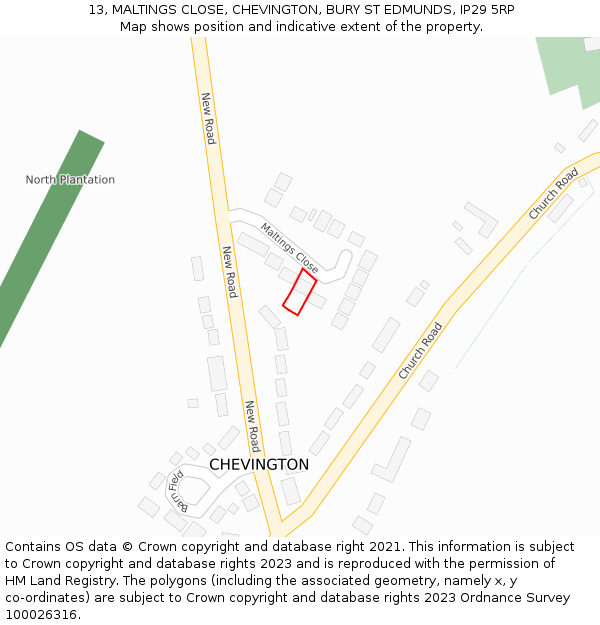 13, MALTINGS CLOSE, CHEVINGTON, BURY ST EDMUNDS, IP29 5RP: Location map and indicative extent of plot