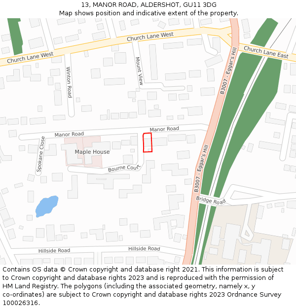 13, MANOR ROAD, ALDERSHOT, GU11 3DG: Location map and indicative extent of plot