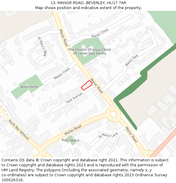 13, MANOR ROAD, BEVERLEY, HU17 7AR: Location map and indicative extent of plot