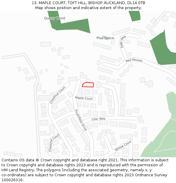 13, MAPLE COURT, TOFT HILL, BISHOP AUCKLAND, DL14 0TB: Location map and indicative extent of plot