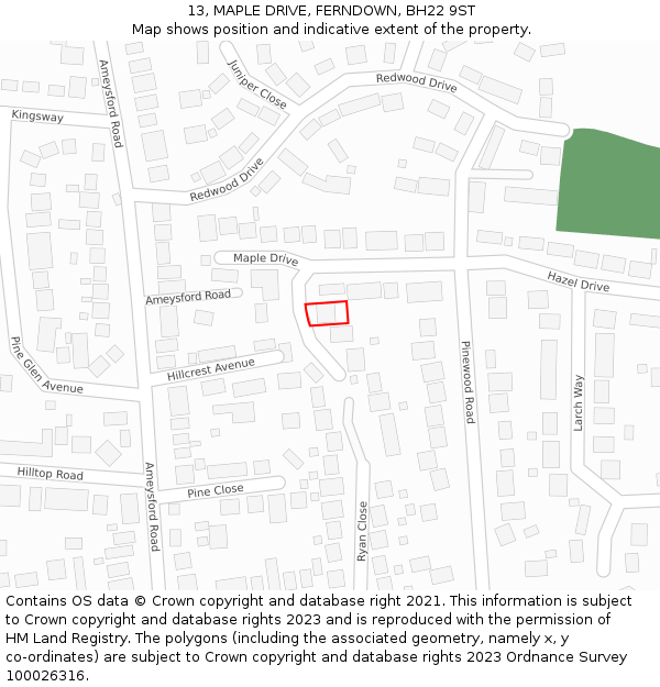13, MAPLE DRIVE, FERNDOWN, BH22 9ST: Location map and indicative extent of plot