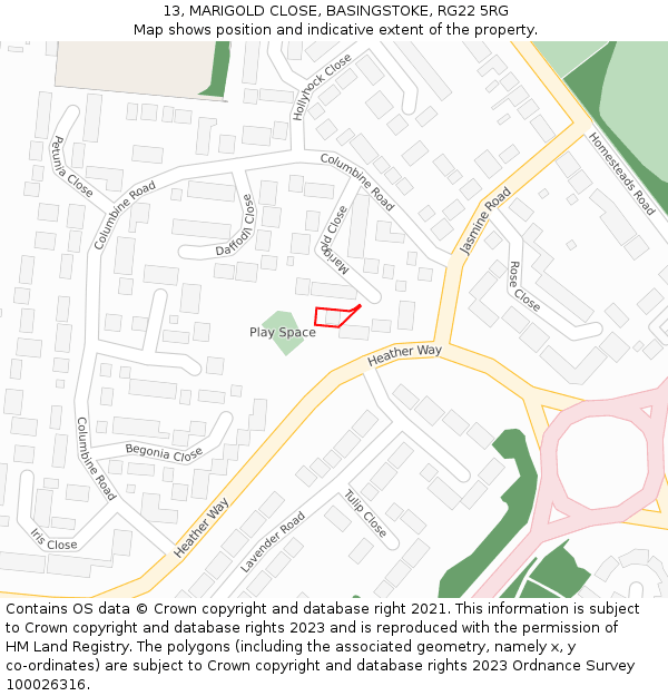 13, MARIGOLD CLOSE, BASINGSTOKE, RG22 5RG: Location map and indicative extent of plot