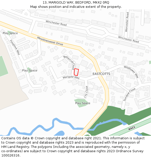 13, MARIGOLD WAY, BEDFORD, MK42 0RQ: Location map and indicative extent of plot