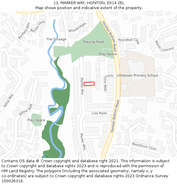 13, MARKER WAY, HONITON, EX14 2EL: Location map and indicative extent of plot