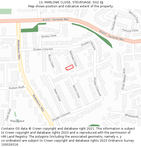 13, MARLOWE CLOSE, STEVENAGE, SG2 0JJ: Location map and indicative extent of plot