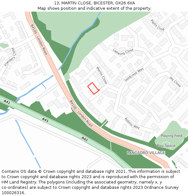 13, MARTIN CLOSE, BICESTER, OX26 6XA: Location map and indicative extent of plot