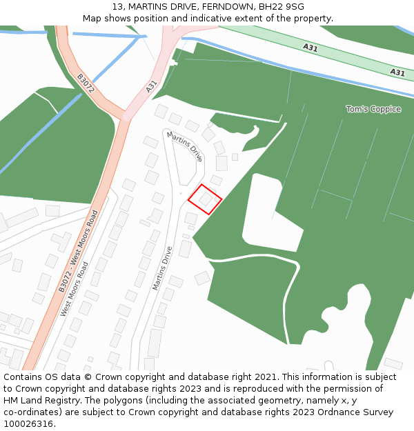 13, MARTINS DRIVE, FERNDOWN, BH22 9SG: Location map and indicative extent of plot