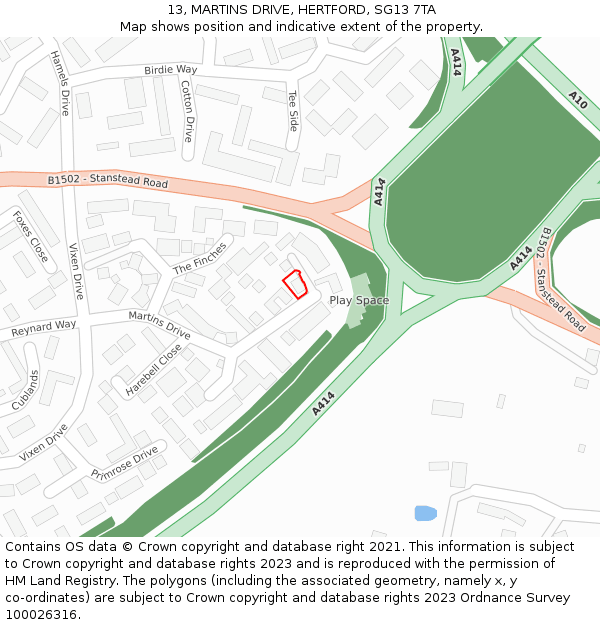 13, MARTINS DRIVE, HERTFORD, SG13 7TA: Location map and indicative extent of plot