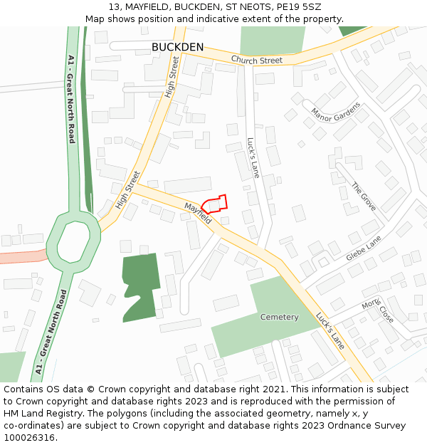 13, MAYFIELD, BUCKDEN, ST NEOTS, PE19 5SZ: Location map and indicative extent of plot