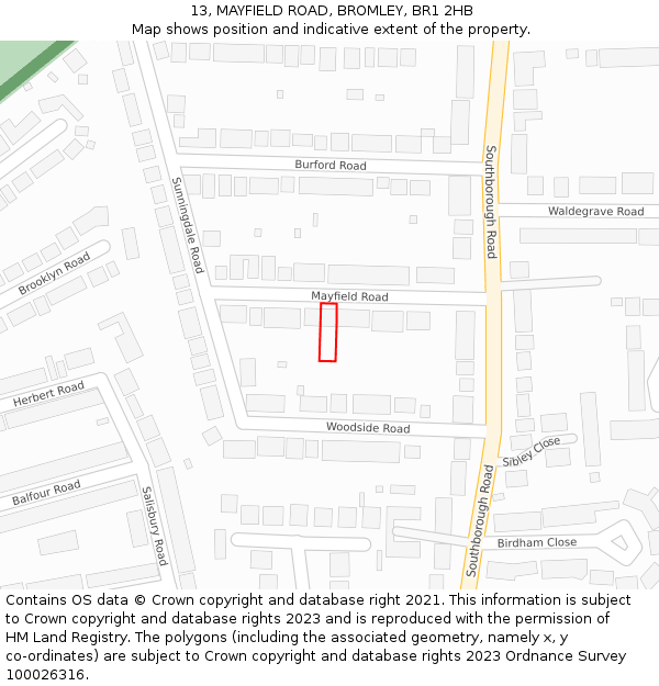 13, MAYFIELD ROAD, BROMLEY, BR1 2HB: Location map and indicative extent of plot