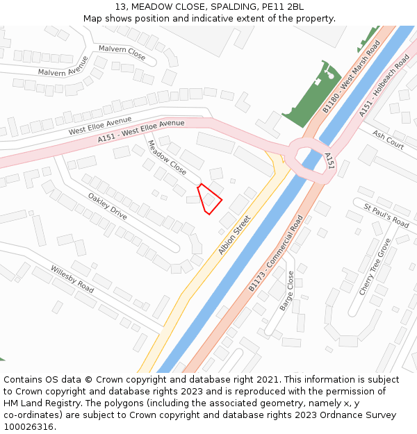 13, MEADOW CLOSE, SPALDING, PE11 2BL: Location map and indicative extent of plot