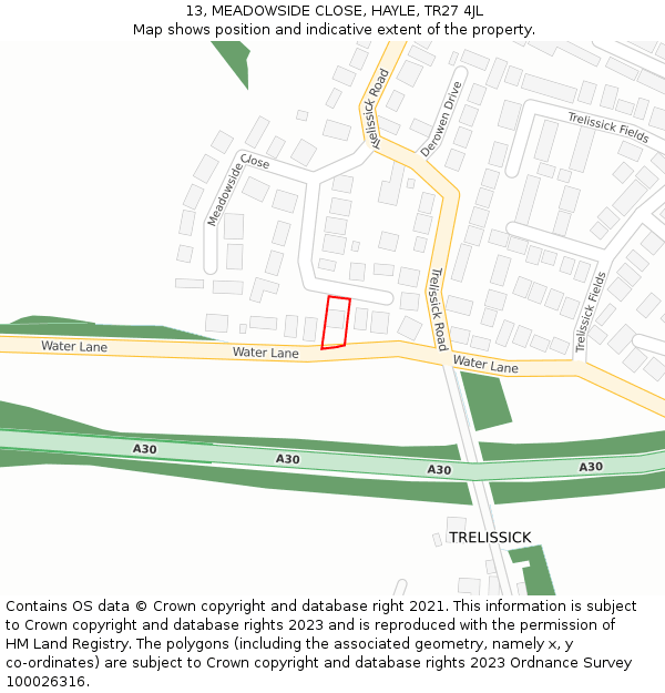 13, MEADOWSIDE CLOSE, HAYLE, TR27 4JL: Location map and indicative extent of plot