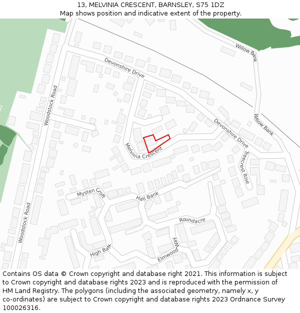 13, MELVINIA CRESCENT, BARNSLEY, S75 1DZ: Location map and indicative extent of plot