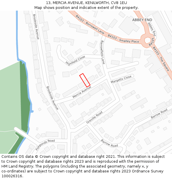 13, MERCIA AVENUE, KENILWORTH, CV8 1EU: Location map and indicative extent of plot