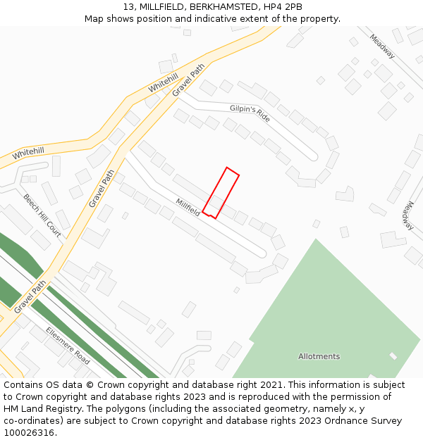 13, MILLFIELD, BERKHAMSTED, HP4 2PB: Location map and indicative extent of plot