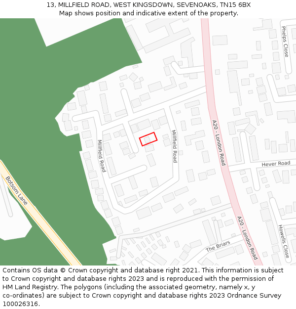 13, MILLFIELD ROAD, WEST KINGSDOWN, SEVENOAKS, TN15 6BX: Location map and indicative extent of plot