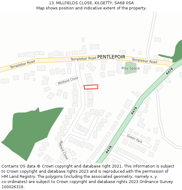 13, MILLFIELDS CLOSE, KILGETTY, SA68 0SA: Location map and indicative extent of plot