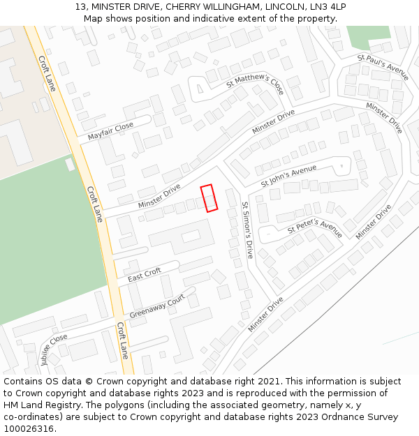 13, MINSTER DRIVE, CHERRY WILLINGHAM, LINCOLN, LN3 4LP: Location map and indicative extent of plot