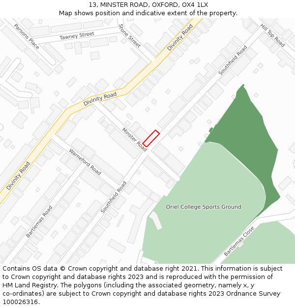 13, MINSTER ROAD, OXFORD, OX4 1LX: Location map and indicative extent of plot