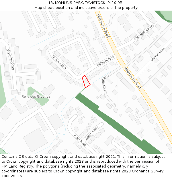 13, MOHUNS PARK, TAVISTOCK, PL19 9BL: Location map and indicative extent of plot