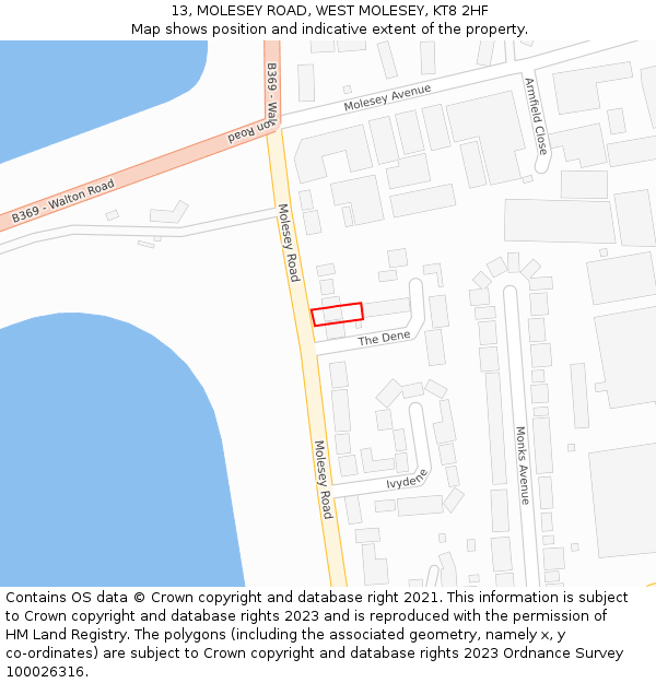 13, MOLESEY ROAD, WEST MOLESEY, KT8 2HF: Location map and indicative extent of plot