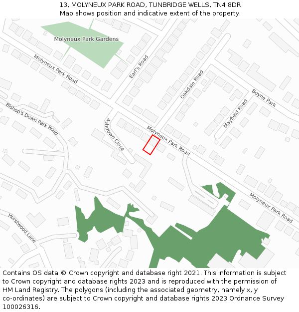 13, MOLYNEUX PARK ROAD, TUNBRIDGE WELLS, TN4 8DR: Location map and indicative extent of plot