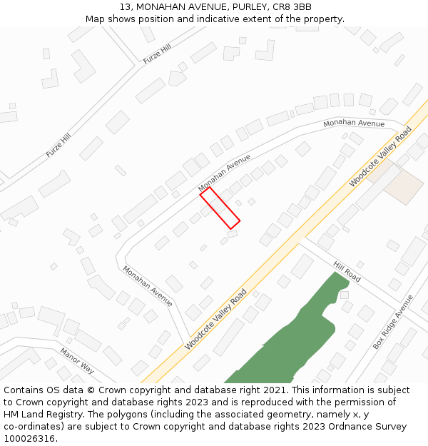 13, MONAHAN AVENUE, PURLEY, CR8 3BB: Location map and indicative extent of plot