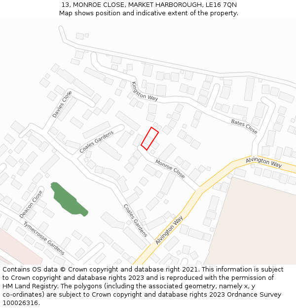 13, MONROE CLOSE, MARKET HARBOROUGH, LE16 7QN: Location map and indicative extent of plot