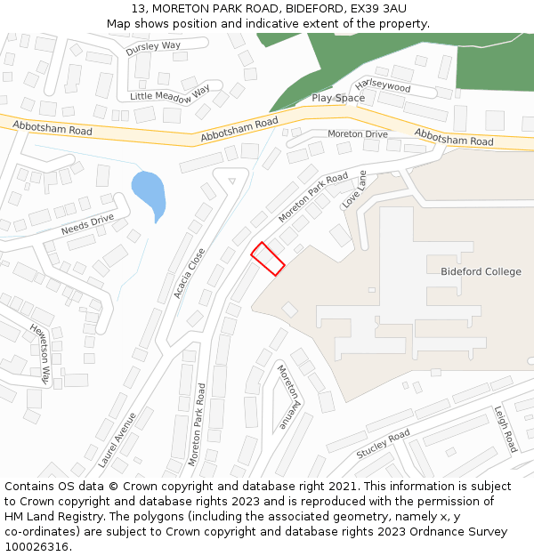 13, MORETON PARK ROAD, BIDEFORD, EX39 3AU: Location map and indicative extent of plot
