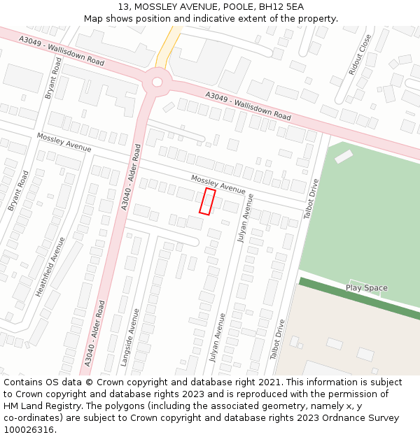 13, MOSSLEY AVENUE, POOLE, BH12 5EA: Location map and indicative extent of plot