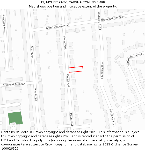 13, MOUNT PARK, CARSHALTON, SM5 4PR: Location map and indicative extent of plot