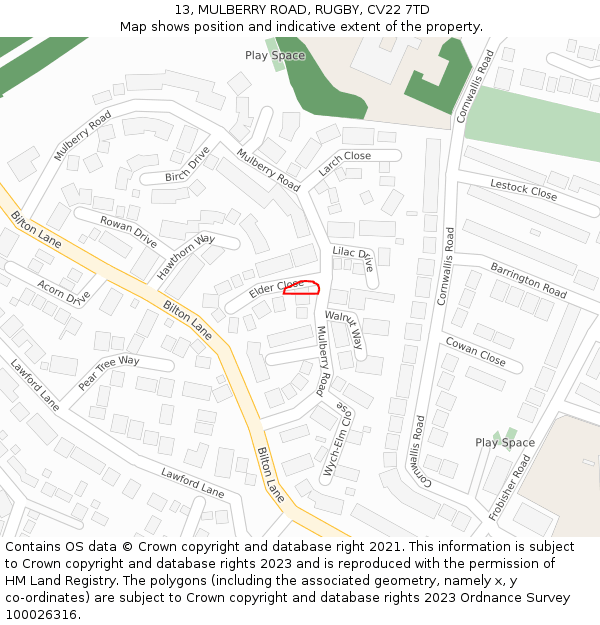 13, MULBERRY ROAD, RUGBY, CV22 7TD: Location map and indicative extent of plot