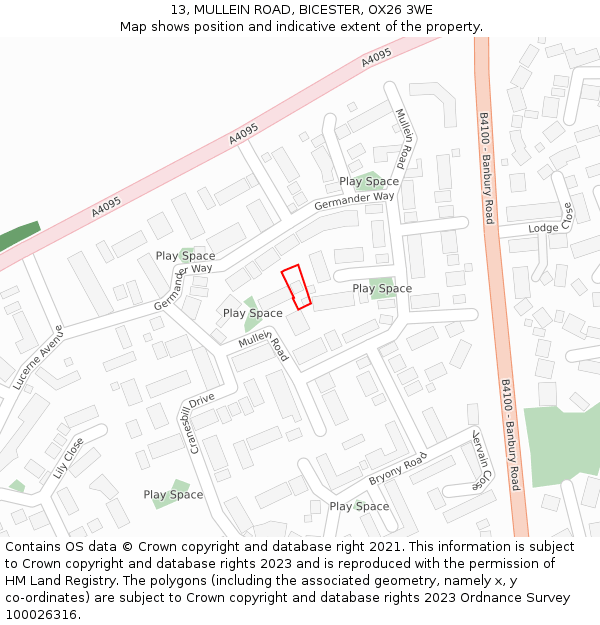 13, MULLEIN ROAD, BICESTER, OX26 3WE: Location map and indicative extent of plot