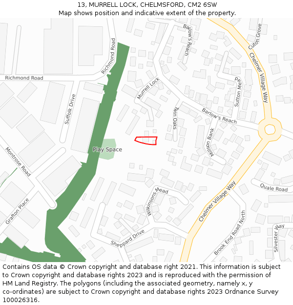 13, MURRELL LOCK, CHELMSFORD, CM2 6SW: Location map and indicative extent of plot