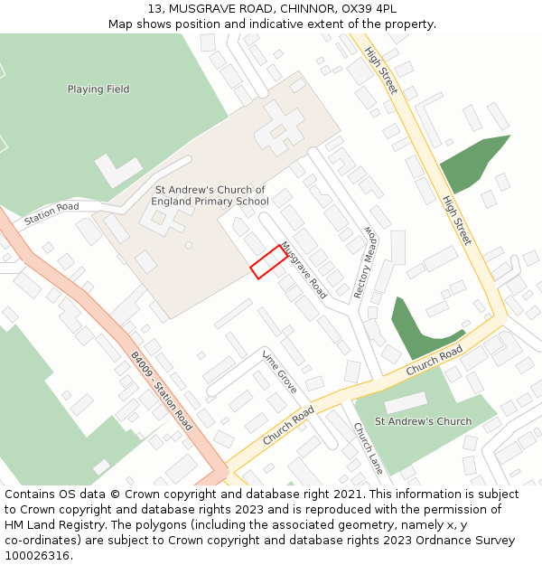 13, MUSGRAVE ROAD, CHINNOR, OX39 4PL: Location map and indicative extent of plot