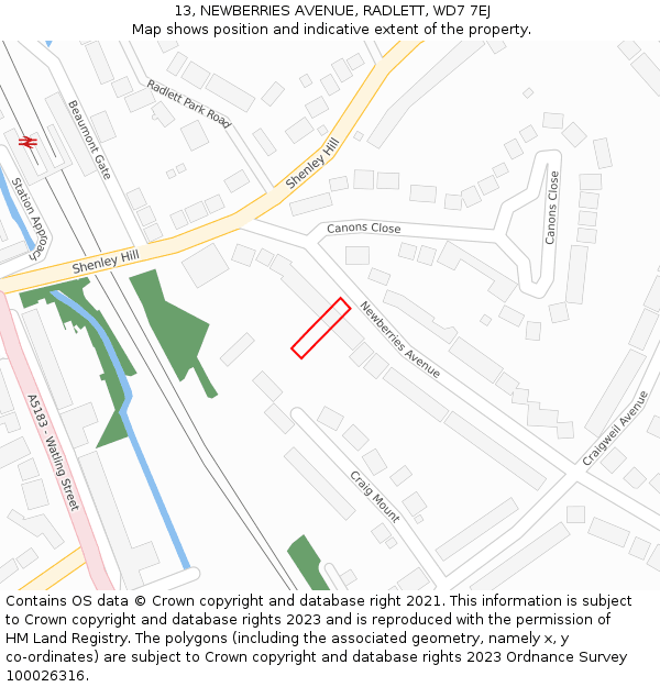 13, NEWBERRIES AVENUE, RADLETT, WD7 7EJ: Location map and indicative extent of plot