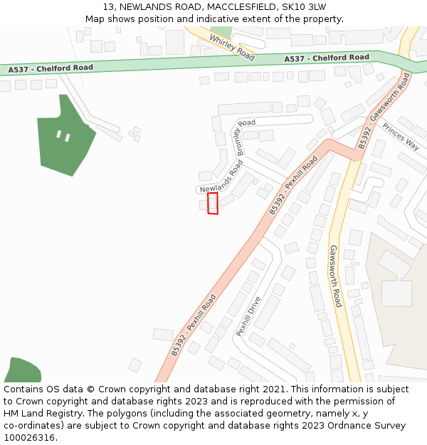 13, NEWLANDS ROAD, MACCLESFIELD, SK10 3LW: Location map and indicative extent of plot