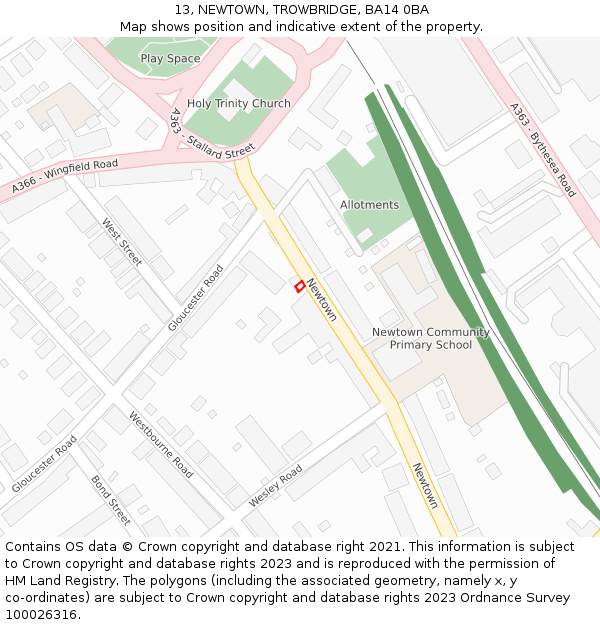 13, NEWTOWN, TROWBRIDGE, BA14 0BA: Location map and indicative extent of plot