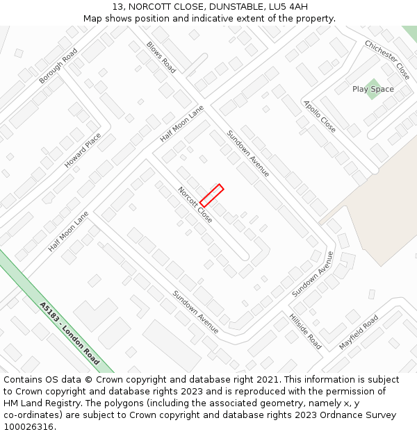 13, NORCOTT CLOSE, DUNSTABLE, LU5 4AH: Location map and indicative extent of plot