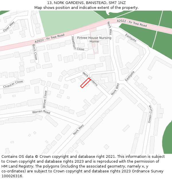 13, NORK GARDENS, BANSTEAD, SM7 1NZ: Location map and indicative extent of plot