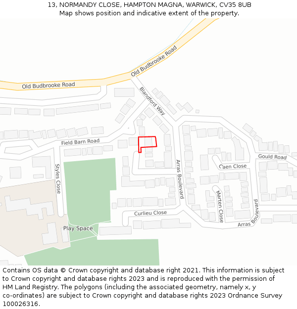 13, NORMANDY CLOSE, HAMPTON MAGNA, WARWICK, CV35 8UB: Location map and indicative extent of plot