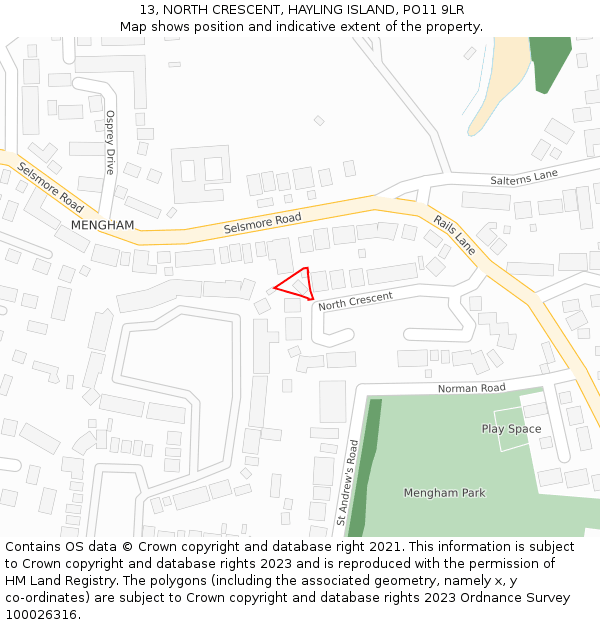 13, NORTH CRESCENT, HAYLING ISLAND, PO11 9LR: Location map and indicative extent of plot