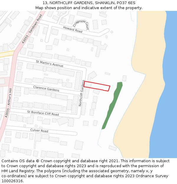 13, NORTHCLIFF GARDENS, SHANKLIN, PO37 6ES: Location map and indicative extent of plot