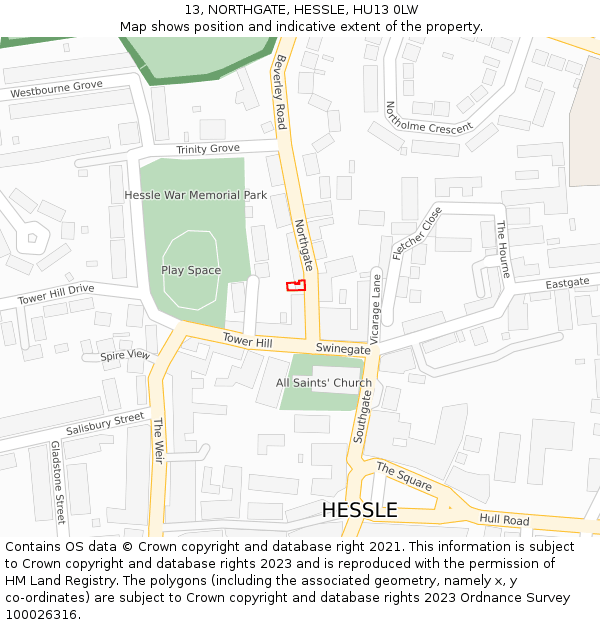 13, NORTHGATE, HESSLE, HU13 0LW: Location map and indicative extent of plot