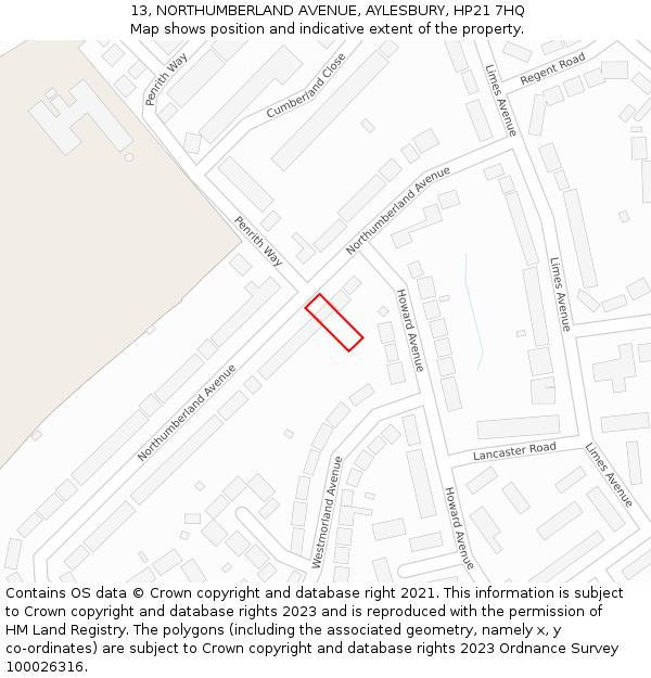 13, NORTHUMBERLAND AVENUE, AYLESBURY, HP21 7HQ: Location map and indicative extent of plot