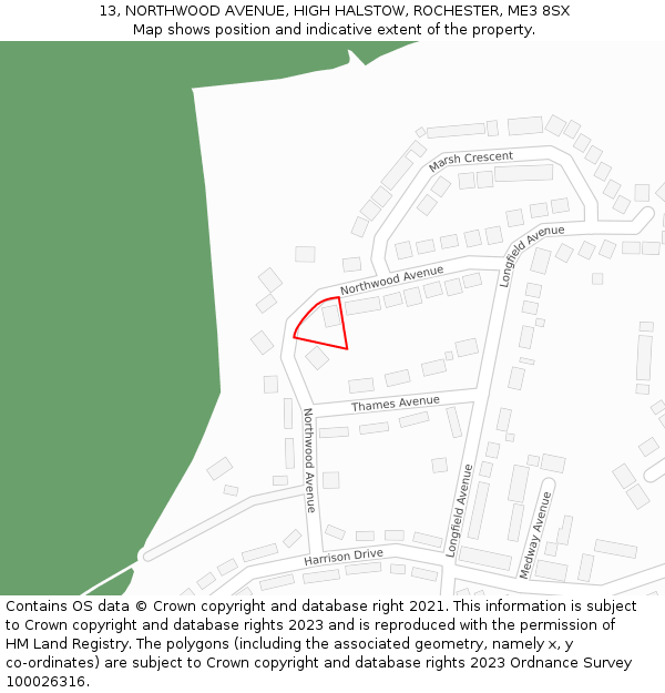13, NORTHWOOD AVENUE, HIGH HALSTOW, ROCHESTER, ME3 8SX: Location map and indicative extent of plot
