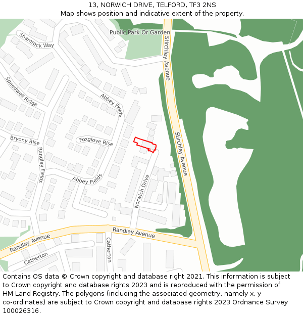 13, NORWICH DRIVE, TELFORD, TF3 2NS: Location map and indicative extent of plot