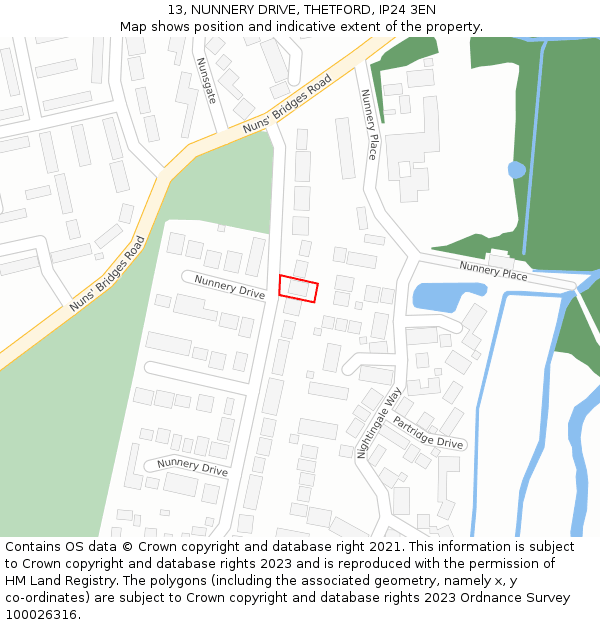 13, NUNNERY DRIVE, THETFORD, IP24 3EN: Location map and indicative extent of plot